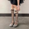 Calcetines de red con lazo blanco para mujer, con tiras de primavera y otoño, calcetines de pierna pequeña JK, calcetines de rejilla de tubo medio de malla.