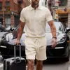 Verano Nuevo Estilo Europeo y Americano Transfronterizo Camisa Polo Casual para Hombre Color Sólido Cuello con Cremallera Manga Corta Conjunto