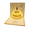 Cartão de Cumprimentos de Aniversário com Luz Musical Estéreo 3D e Gravação, Estampagem Dourada Vazada, Cartão Dobrável com Bênção de Bolo, Cartão de Aniversário Dourado