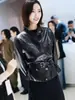 Jaqueta de Couro Genuíno Estilo Wang Luodan para Mulheres, Novo Modelo 2026, Cintura Marcada, Emagrecedora, Gola Alta, Jaqueta Curta de Pele de Ovelha com Acabamento Óleo-Cera