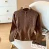 Chaqueta cárdigan de ganchillo estilo coreano para mujer, top de diseño para principios de otoño con cuello alto, cremallera y suéter fino calado