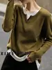 Suéter de punto casual para mujer, estilo dos piezas falsas, cuello en V, corte holgado, adelgazante, rejuvenecedor, jersey casual, top elegante de otoño