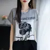 Camiseta de Manga Corta para Mujer, Transpirable, Fresca, de Lino de Bambú, Delgada de Verano, con Estampado, Cuello Redondo, Pulóver