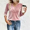 Camiseta de Veludo com Decote V de Manga Longa Transfronteiriça Europeia e Americana Feminina Outono e Inverno Novo Estilo Cor Sólida Temperamento Camiseta Base Camada Interna Top
