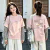 Camiseta de manga larga de algodón puro para niñas, top base elegante y moderno para niños, adecuada para primavera y otoño de 2026, con un diseño de imitación de dos piezas