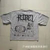 26Ss Camiseta de Manga Corta Ancha con Tachuelas Estampada Cuello Redondo Holgada R3Bel Lavada y Desgastada Retro Europea y Americana para Hombre Tendencia