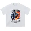 Camisa Vintage de Manga Corta Pesada con Efecto Desgastado y Lavado a la Piedra, Ilustración de Motor, Top Casual Unisex Oversize, En Stock para Envío Inmediato
