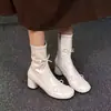 Primer Encuentro Temporada Retro Botas Elásticas Estilizadoras Estilo Ballet con Lazo Punta Redonda Gamuza Tacón Grueso Cremallera Lateral Botines