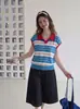 Camiseta de punto estilo coreano, fresca y sencilla, con bloques de color a rayas, cuello tipo polo, bordado elegante y mangas acampanadas juveniles 8140