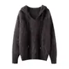 Suéter de cashmere puro, nova base de fleece com capuz feminina para outono e inverno, cor sólida, simples, solto, modelador, suéter grosso