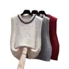 Ropa Nueva de Otoño 2025 Chaleco de Punto de Cuello Redondo para Mujer Top sin Mangas de Moda con Perlas Chaleco Suéter Versátil para Mujer