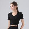26 Camiseta Deportiva de Verano de Manga Corta Ajustada con Cuello en V y Cruzado en la Cintura Moda Tendencia Ropa para Pilates Yoga