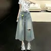 Calça Wide Leg Rasgada de Cintura Alta Azul para Mulheres, Estilo Fino de Verão, Novo Modelo 2026, Item Quente da Moda, Calça Cropped Soltinha