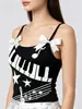 Colete Nicho Feminino Y2K com Estampa Doce e Cool de Nota Musical, Laço Duplo nos Ombros, Design de Borda Franzida, Caimento Ajustado, Estilo Curto, Estilo Hot Girl