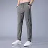 Calça de seda de gelo de alta qualidade, calça casual masculina esticada masculina, cintura elástica masculina de meia-idade, calça fina reta esportiva