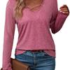 2025 Europeo y Americano Transfronterizo Amazon Temu Otoño e Invierno Nuevo de Mujer Cuello en V Color Puro Casual Suelto Manga Larga Camiseta Top