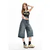 Calça Jeans Cropped Estilo Americano para Mulheres, Verão 2026, Perna Reta Solta, Roupa de Trabalho Casual, Perna Larga, Comprimento Médio, Azul, Yichun