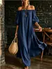 Vestido de Playa Transfronterizo Europeo y Americano de Verano 2026, Hombros Descubiertos, Mangas Abullonadas, Corte Holgado, Vestido Largo con Caída