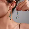 Pendientes para mujer con estilo étnico retro transfronterizo, flor de plata antigua, piedra de pino, cuentas Picasso, cordón de cuero