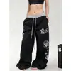 Calça casual feminina com cintura estampada estilo American Gothic, design de outono, corte solto, adequada para dança e esportes, calça de moletom wide leg