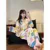Pijama lindo con estampado de gato de dibujos animados para mujer, colección de otoño, talla grande, pantalones de manga larga, cuello de solapa, conjunto de loungewear, se puede usar como ropa exterior