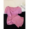 Pijama de Rayas Rosas Estilo Dulce Coreano Simple para Mujer Primavera y Verano Mangas Cortas Pantalones Cortos Conjunto Adelgazante para el Hogar