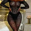 Popular Europeo y Americano Estampado de Leopardo Rojo Abertura Inferior Sexy Manga Larga Transparente Hombro Descubierto Body Malla Atuendo Reina de la Noche