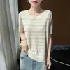 Camiseta Feminina Retro Francesa Listrada de Malha de Seda Gelada Manga Curta Solta Gola Redonda Fina Respirável Slimming Camada Base Top