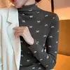 H578 Elegante Camiseta Básica de Cuello Alto Parcial Ajustada con Lazo y Estampado Floral de Manga Larga para Mujer, Directo del Fabricante