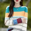Camiseta base ligera, elegante y versátil para mujer, nueva para primavera y otoño, algodón puro, bloques de color, rayas de arcoíris, tejido jacquard, manga larga