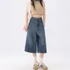 Calça Jeans Capri Azul Wide Leg Estilo Retrô Americano Feminina Verão 2025 Nova Cintura Alta Emagrecimento Reta Curta