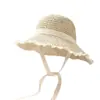 Sombrero de Paja para Mujer Estilo Coreano Estilo Japonés Verano Delgado Transpirable Encaje Encaje Hueco Estilo Pequeño Fresco Cuerda a Prueba de Viento