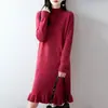 Vestido de Tricô Puro Lã 2026 Outono/Inverno Novo Gola Redonda Meia-Alta Manga Longa Cor Sólida Bainha com Babado Midi