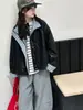 Chaqueta de cuero para niña para otoño, ropa infantil, top corto de nuevo estilo con retazos a cuadros