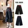 2026 Verano Retro Americano Gato Gatito Bordado Jeans Cortos para Mujer Sueltos de Pierna Ancha Jeans de 7 Puntos
