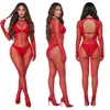 Shein Europa Natal lingerie sexy estampa de leopardo malha cinco dedos vermelho sexy manga longa body em estoque