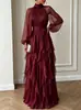 841W Comércio Exterior Europeu Outono 2026 Novo Estilo Vestido Formal Manga Longa Chiffon Gola Alta Elegante Cintura Marcada Saia de Vestido Formal Festa de Banquete