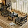 Mesa de Chá e Cadeiras de Rattan Tatami, Mesa e Cadeiras Pequenas de Lazer para Sala de Estar com Almofadas Macias, Mesa e Cadeiras Baixas Retrô Pretas para Hotel B&B