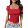 Amazon Transfronterizo Verano 2026 Camiseta de Manga Corta de Color Sólido Ajustada con Cuello en U para Mujer Estilo Skims Top Sexy para Mujer