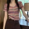 Camiseta de punto a rayas vintage estilo Hong Kong para mujer, nueva de verano, suelta, fina, de seda helada, cárdigan corto chic