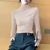Camisa Base Marrom de Gola Alta Meia-altura Feminina Outono e Inverno Roupa de Baixo Nova Primavera e Outono Camiseta Fina de Manga Longa Top Estilo Ocidental