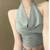 Top Pequeño Tailandés Único y Elegante Sexy para Chica Caliente Espalda Descubierta Cintura Plateado Brillante Seda Cuello Oscilante Halter Camisola