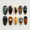 30 peças de unhas postiças em formato de amêndoa transfronteiriças com designs 3D em relevo de fantasmas e morcegos de Halloween, pontas de unhas de Halloween