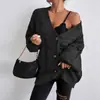 Nuevo cárdigan de punto grueso transfronterizo para otoño e invierno para mujer, estilo holgado y casual, cuello en V, manga larga, prenda exterior cálida, chaqueta de punto