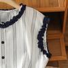 Foto Real de Blusa Feminina Nova de Verão Estilo Coreano com Gola Redonda Franzida e Manga Curta, Blusa Listrada sem Manga na Moda