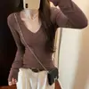 Diseño único, camiseta de manga larga con escote en V y hombros descubiertos para mujer, capa interior de otoño e invierno, camiseta térmica básica, top ajustado para un look elegante