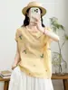 Camisa de Manga Curta de Rami Puro Feminina Verão Leve Respirável Novo Estilo Chinês Gola Oblíqua Botões de Rã Top Bordado Artístico de Morango