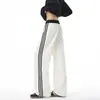 Calça de Moletom Casual Color Block com Cós de Três Listras, Unissex, Corte Reto Solto, Caimento Fluido, Cordão