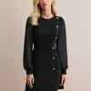 Vestido Feminino de Gola Redonda com Botões, Slim Fit, Manga Longa, Cor Sólida - Estação Primavera Antecipada 2025, Estação Independente da Amazon, Transfronteiriço