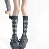 Calcetines de compresión de punto con patrón de rombos retro estilo universitario para otoño e invierno, adelgazantes y moldeadores, calcetines versátiles de patrón de rombos estilo británico para mujer